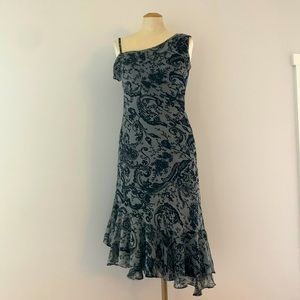 MISS B Black & Grey Paisley one shoulder dress, ruffles & high-low hem. M